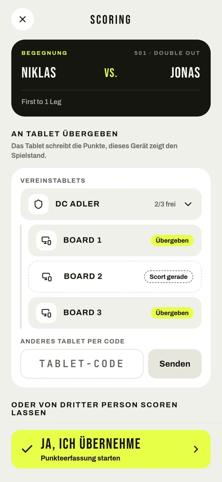 Match an Board 1 übergeben