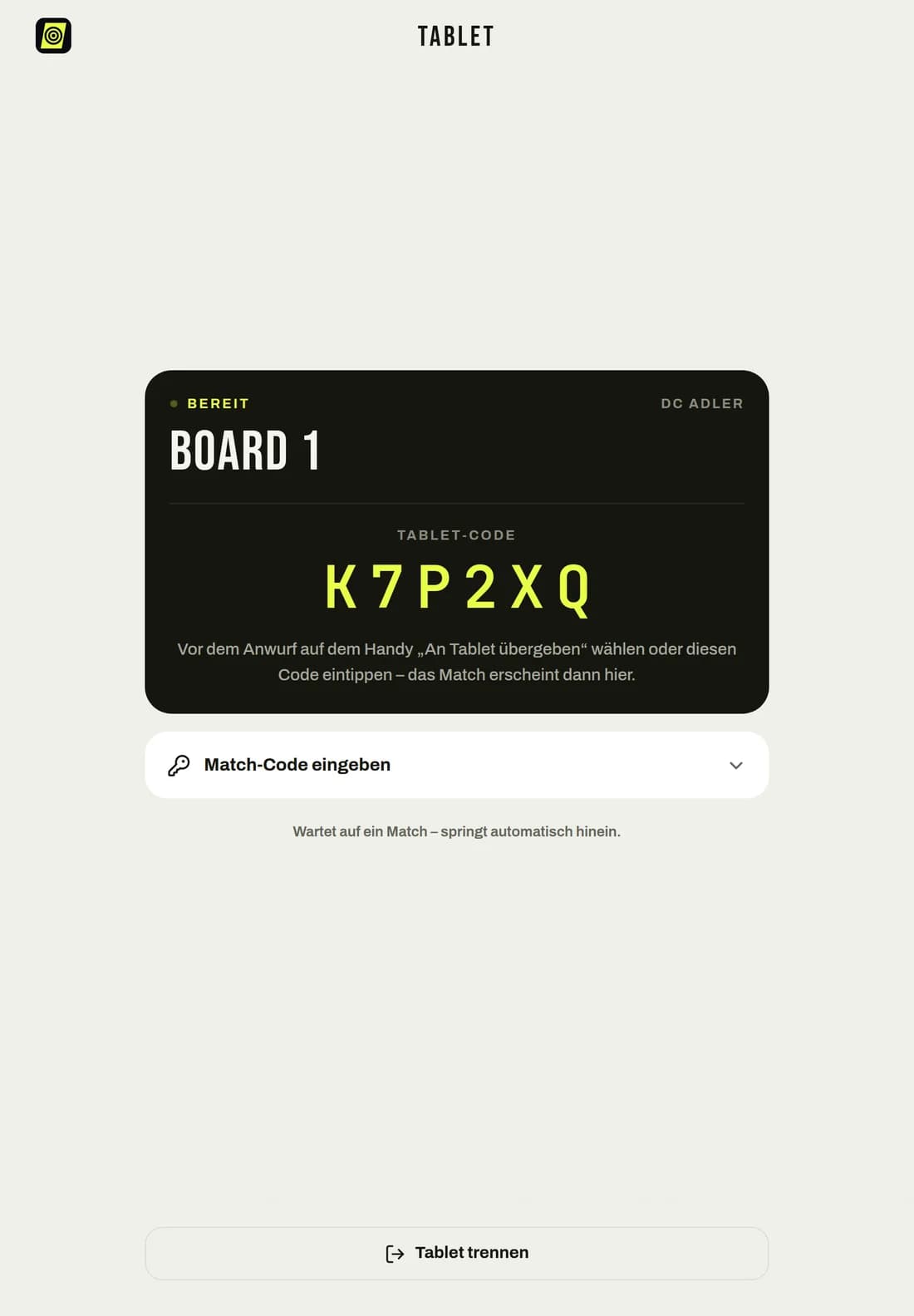 Vereinstablet Board 1 ist bereit