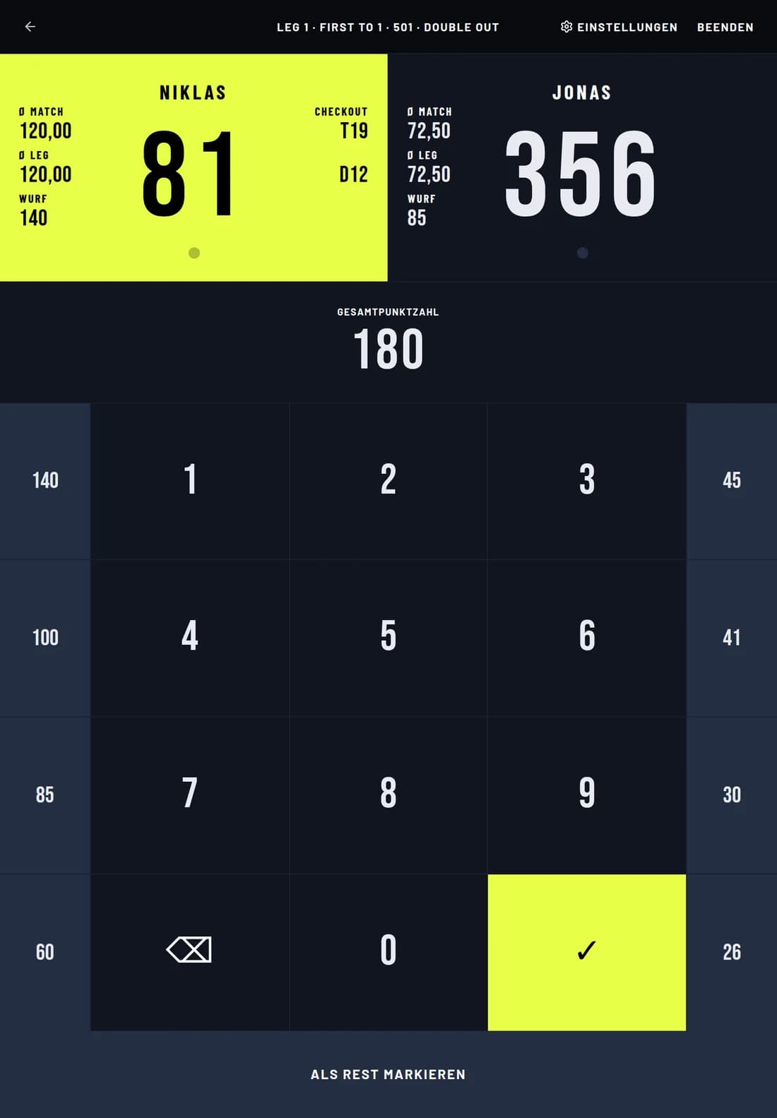 Scorer mit 180 eingegeben