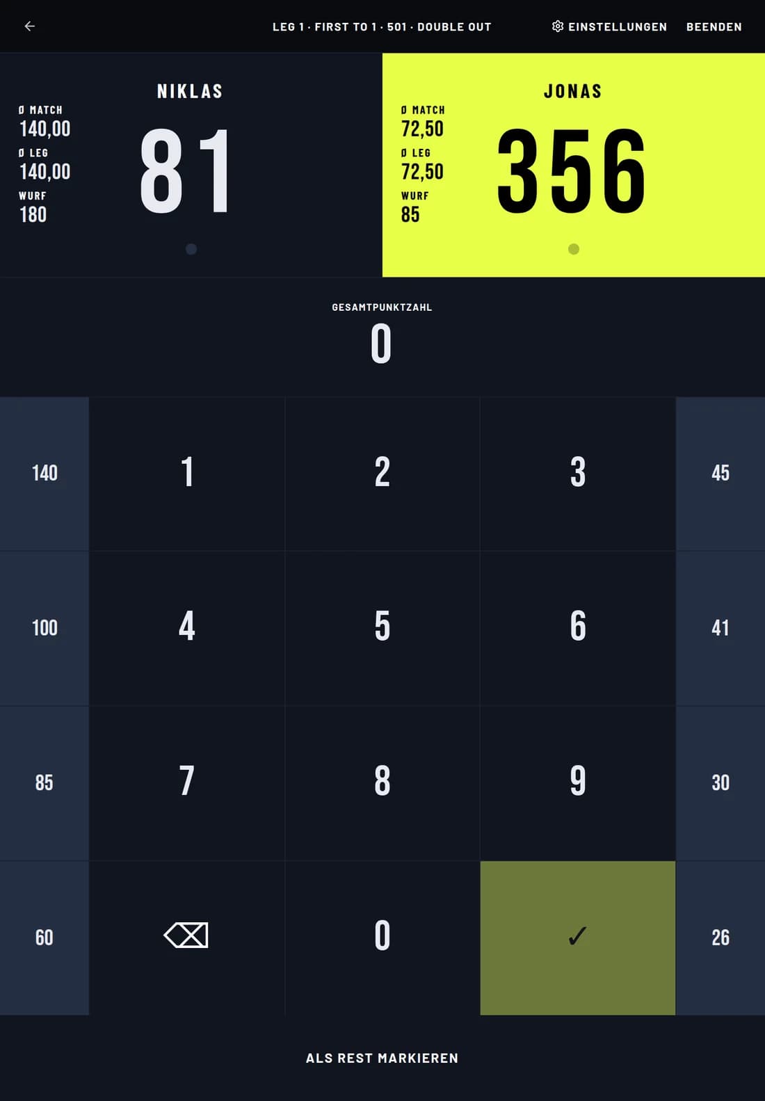 Scorer: Niklas 81 Rest nach einer 180